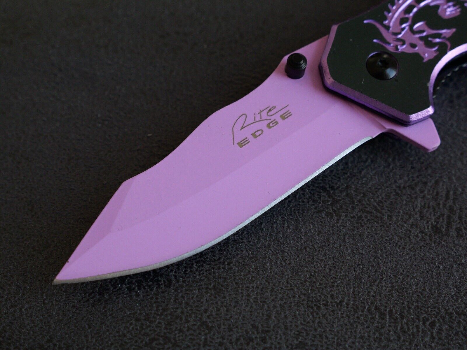 Pink Spring Assist Knife Dragon Full Size Window Punch Belt Cutter Pocket Knife