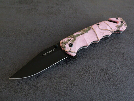 Pink Camo Pocket Knife Spring Assist Window Punch Cutter Black Blade Full Size