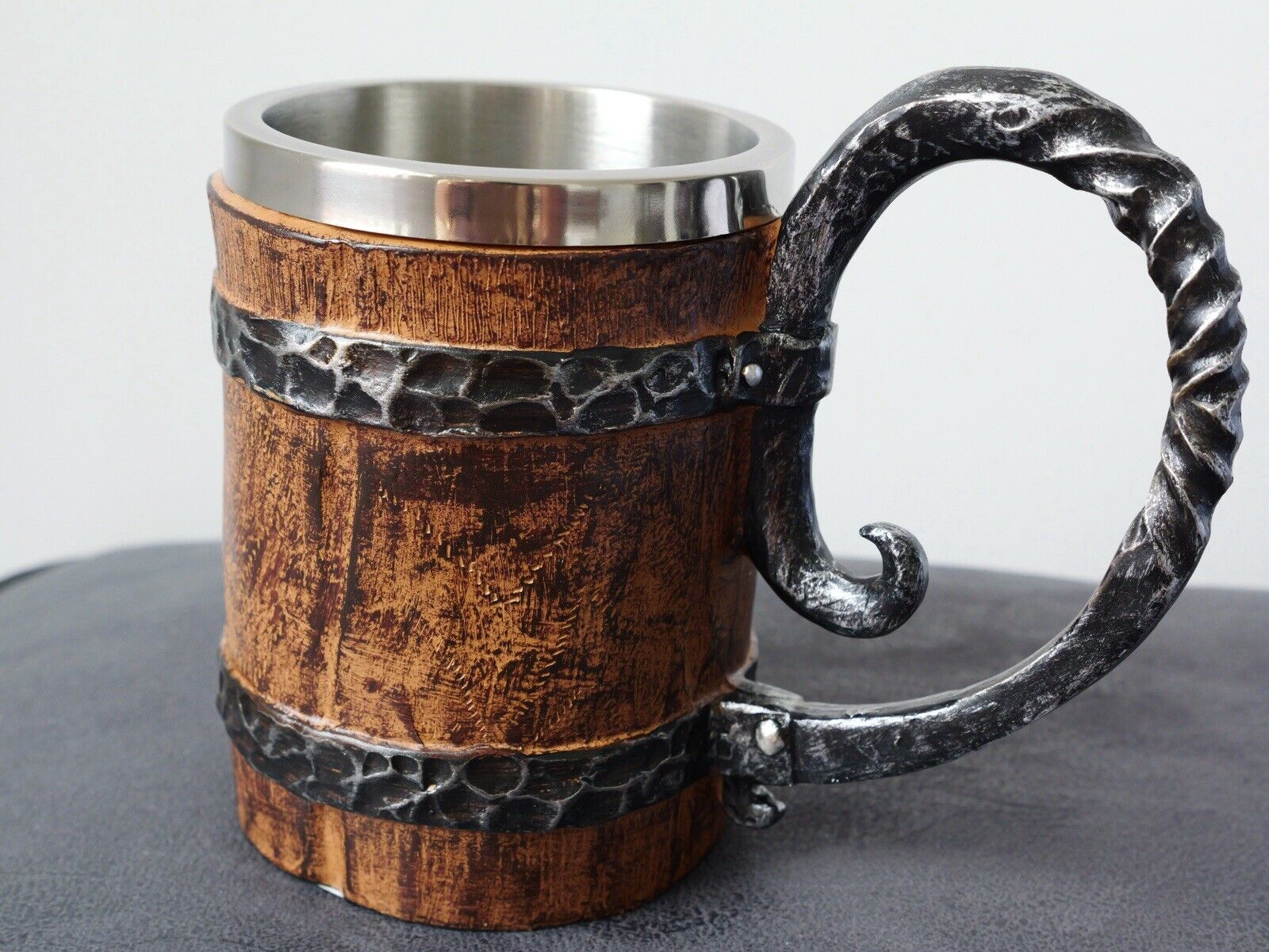 Viking Barrel Mug Rustic Medieval Feast 550ML Stainless Steel Norse Tankard Cup