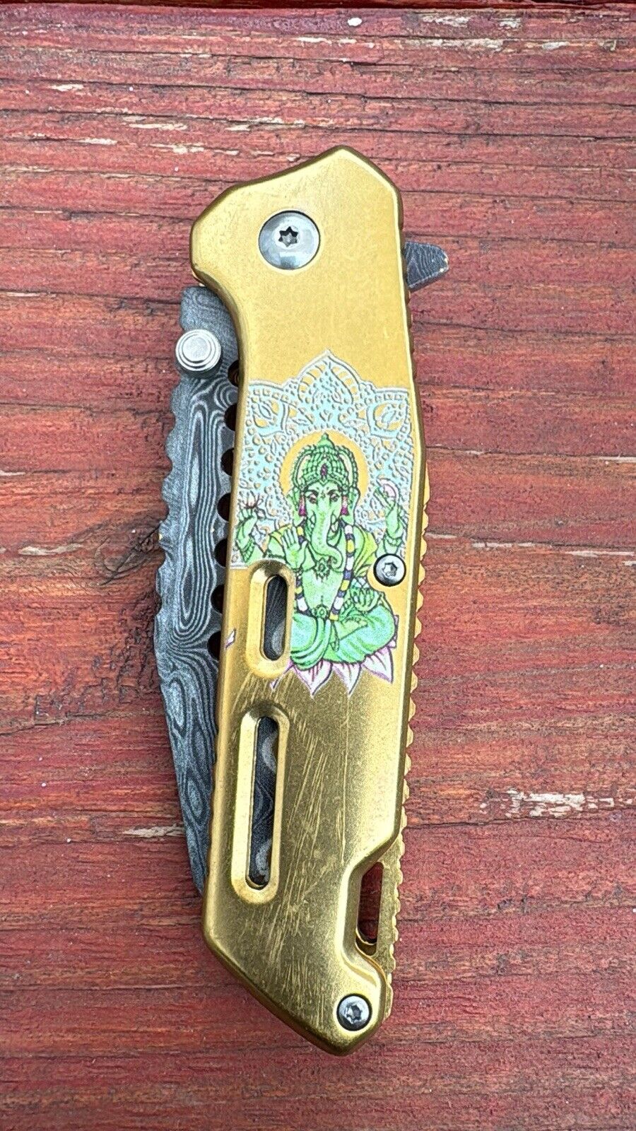 Gold Ganesh Pocket Knife Wild Design All Metal Sharp Wharncliffe Blade Damascus 