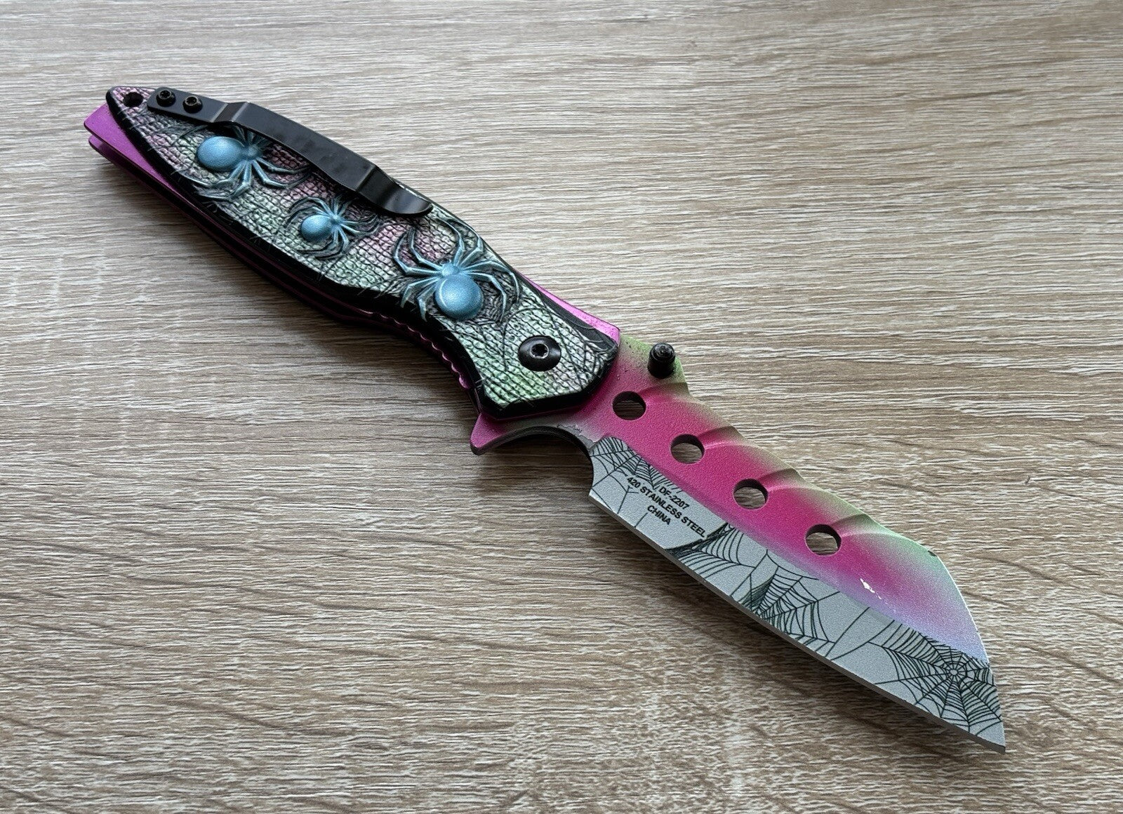 Pink Spider Pocket Knife Spring Assist All Metal Sharp Belt Clip Blue 