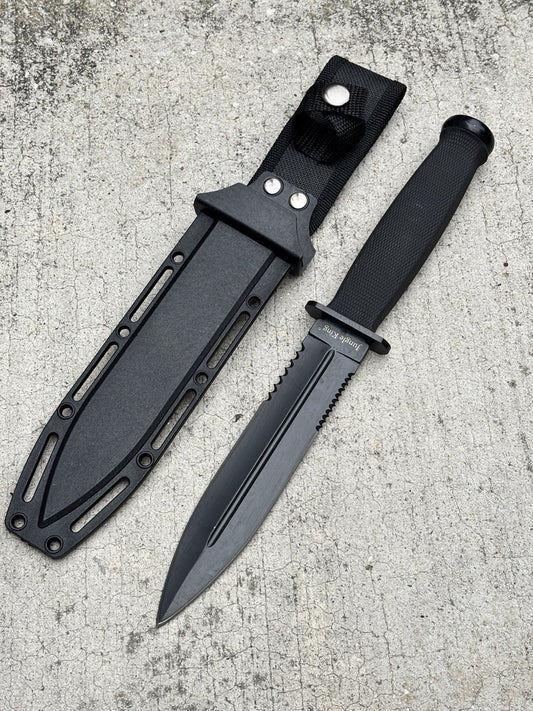 12” Spear Point Double Edge Stealth Black Fix Blade Knife Rubber Grip Full Tang