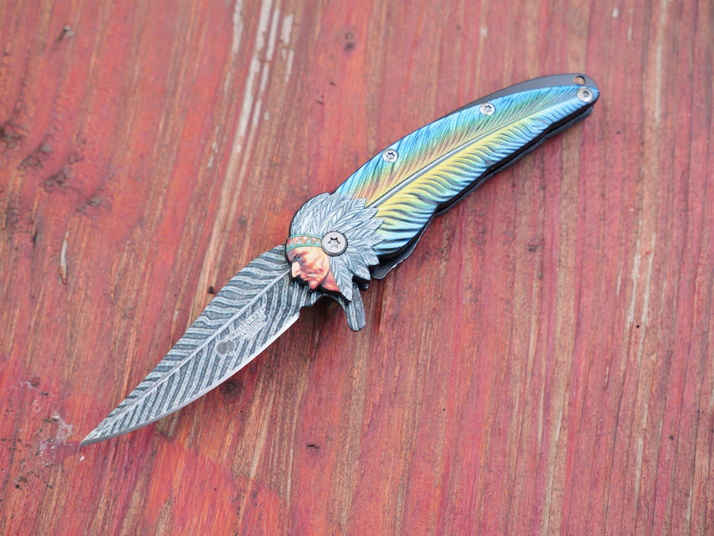 Mini Pocket Knife Native American Indian Feather Spring Assist 