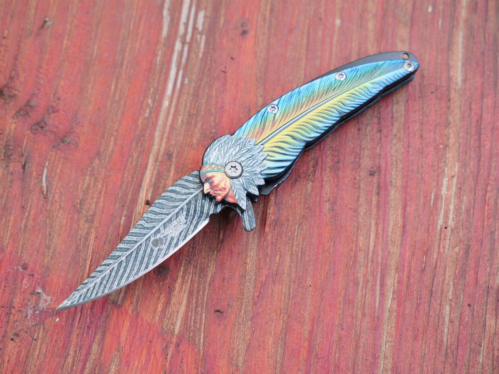 Mini Pocket Knife Native American Indian Feather Spring Assist 