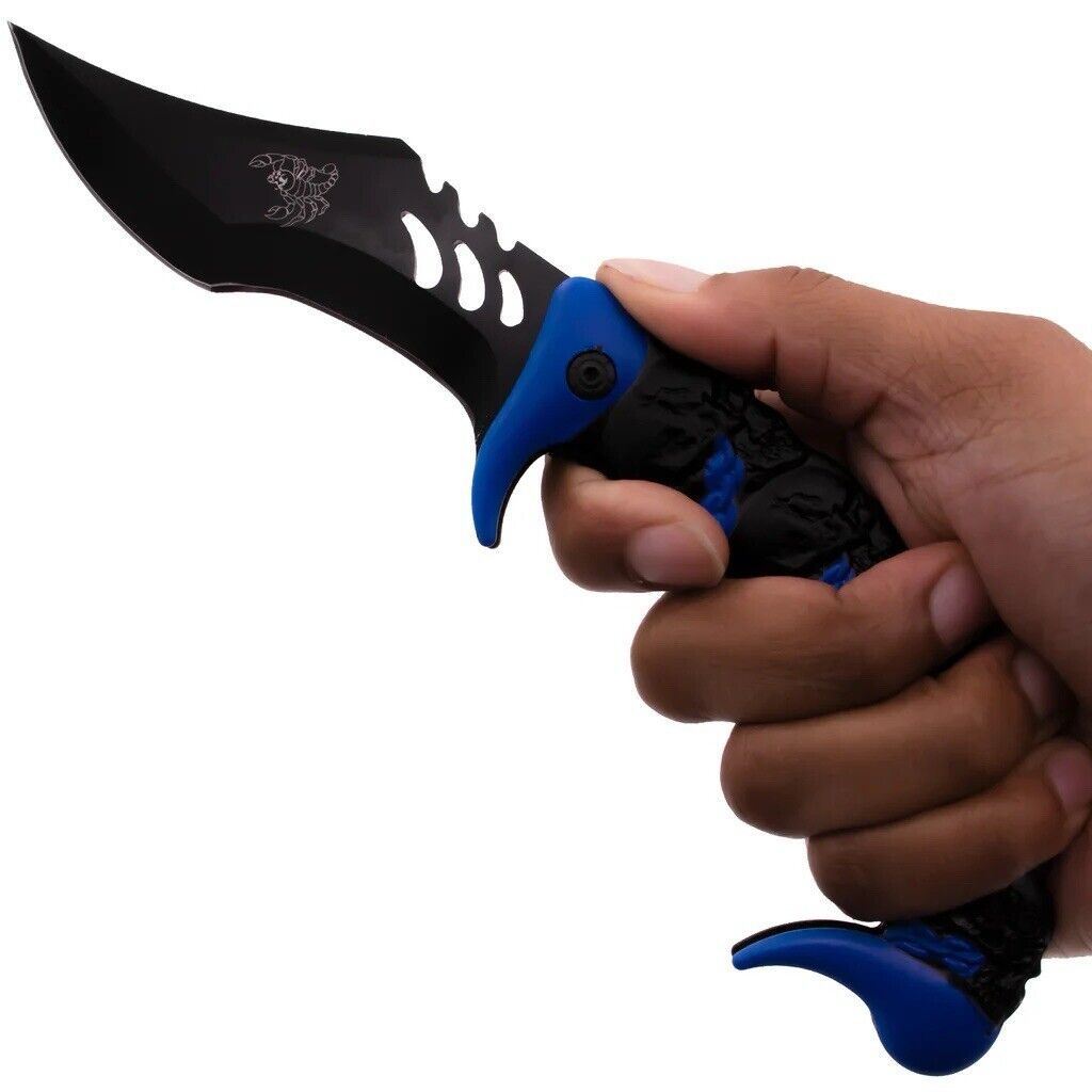 Scorpion Pocket Knife Black Blue XL 1065 High Carbon Steel Belt Clip Tactical