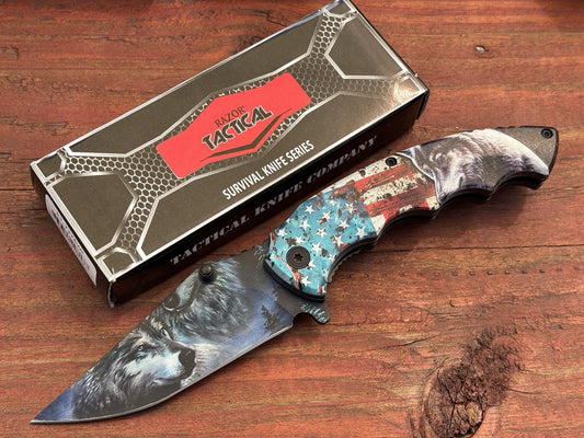 USA Wolf America Flag Pocket Knife Fierce Spring Assist Patriot Redneck Country