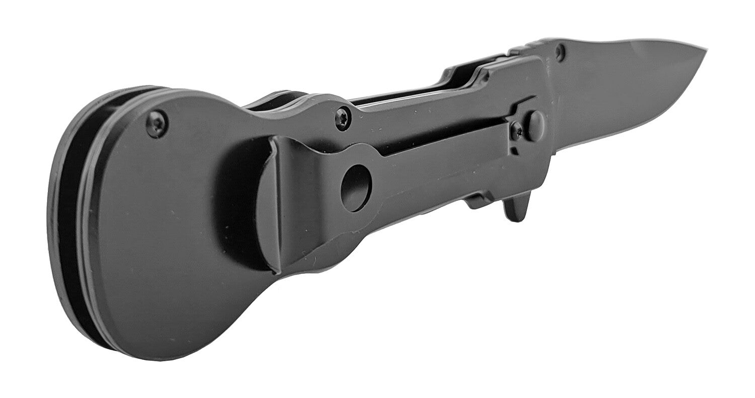 Full Size Guitar Style Handle Spring Assisted Metal Pocket Knife Rockstar Black