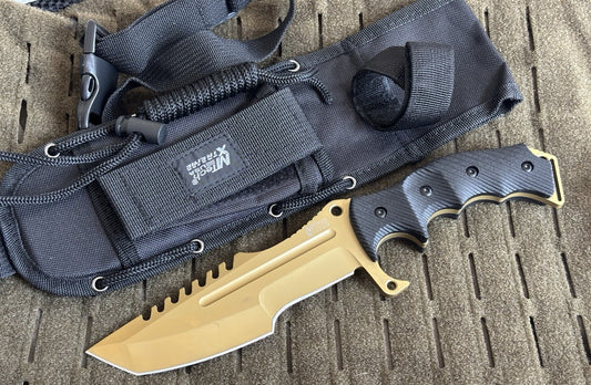 11” Fixed Blade Knife Gold Black 440c 6mm Thick G10 Handle Full Tang Saw back