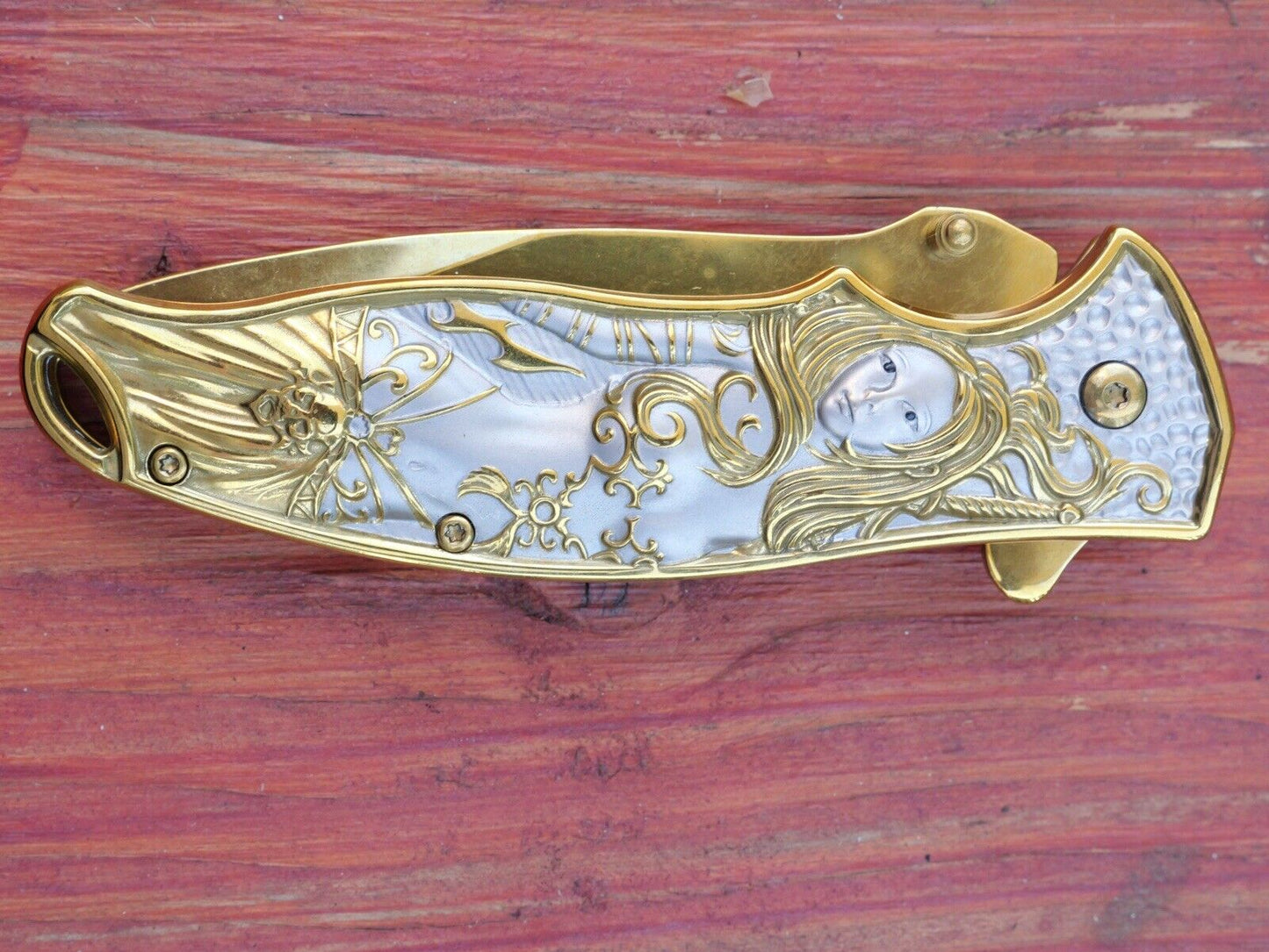 Mermaid Pocket Knife Full Size 3D Metal Handle Sharp Gold Spring Assist Clip