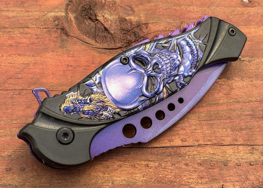 Skull Pocket Knife Purple Sring Assist Full Size Unique Design Fantasy belt clip