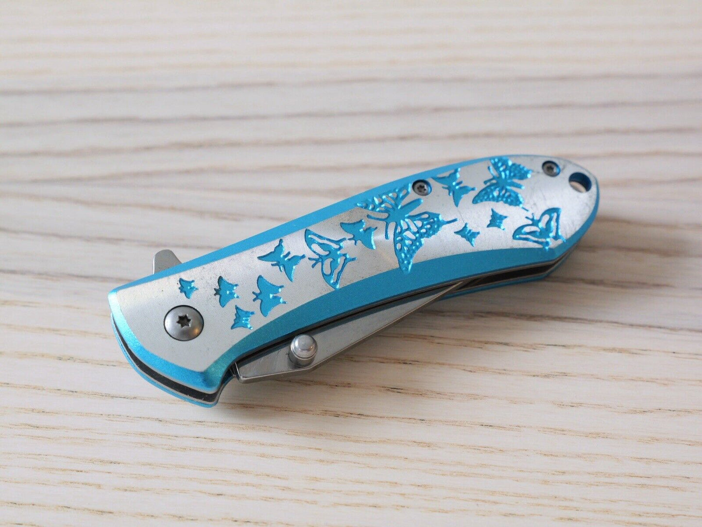 Butterfly Pocket Knife Small Blue Ladies Pretty Folding Gold Papillion Girly 4”