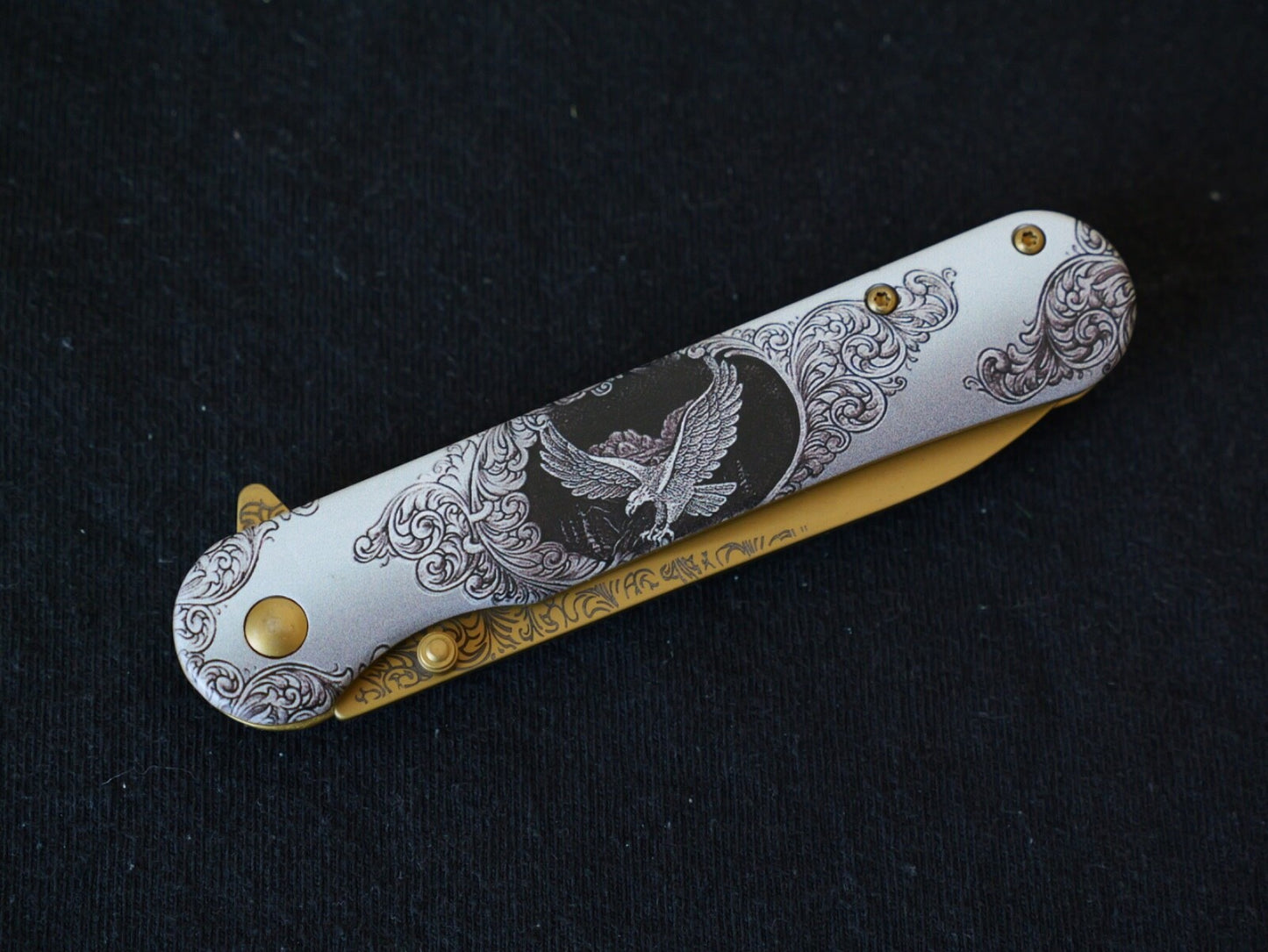 Gold Eagle Spring Assist Pocket Knife Victorian Era Style Ornate Full Metal 8”