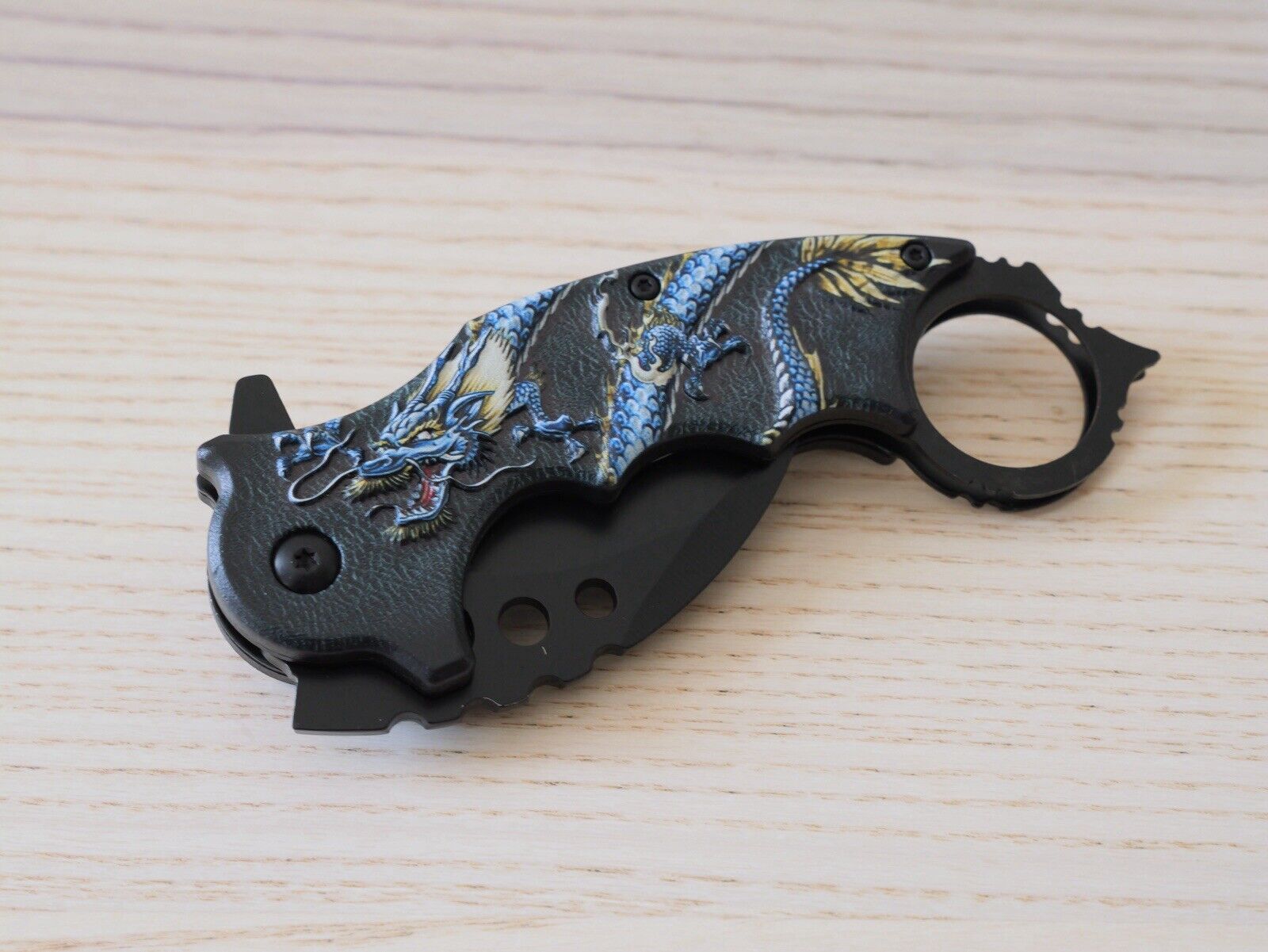 Folding Pocket Knife KARAMBIT Blue Dragon Black Spring Assisted Pocket Clip Edc