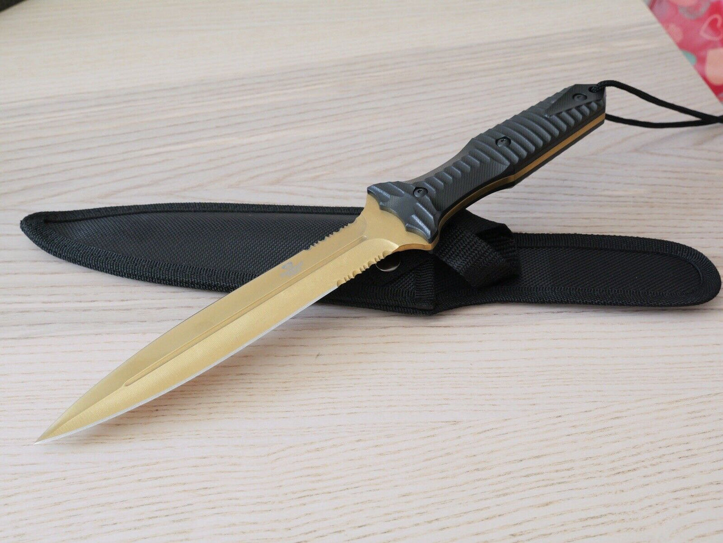 13” Fixed Blade Knife Gold Spear Point Double Edge Full Tang Sharp Spear Point