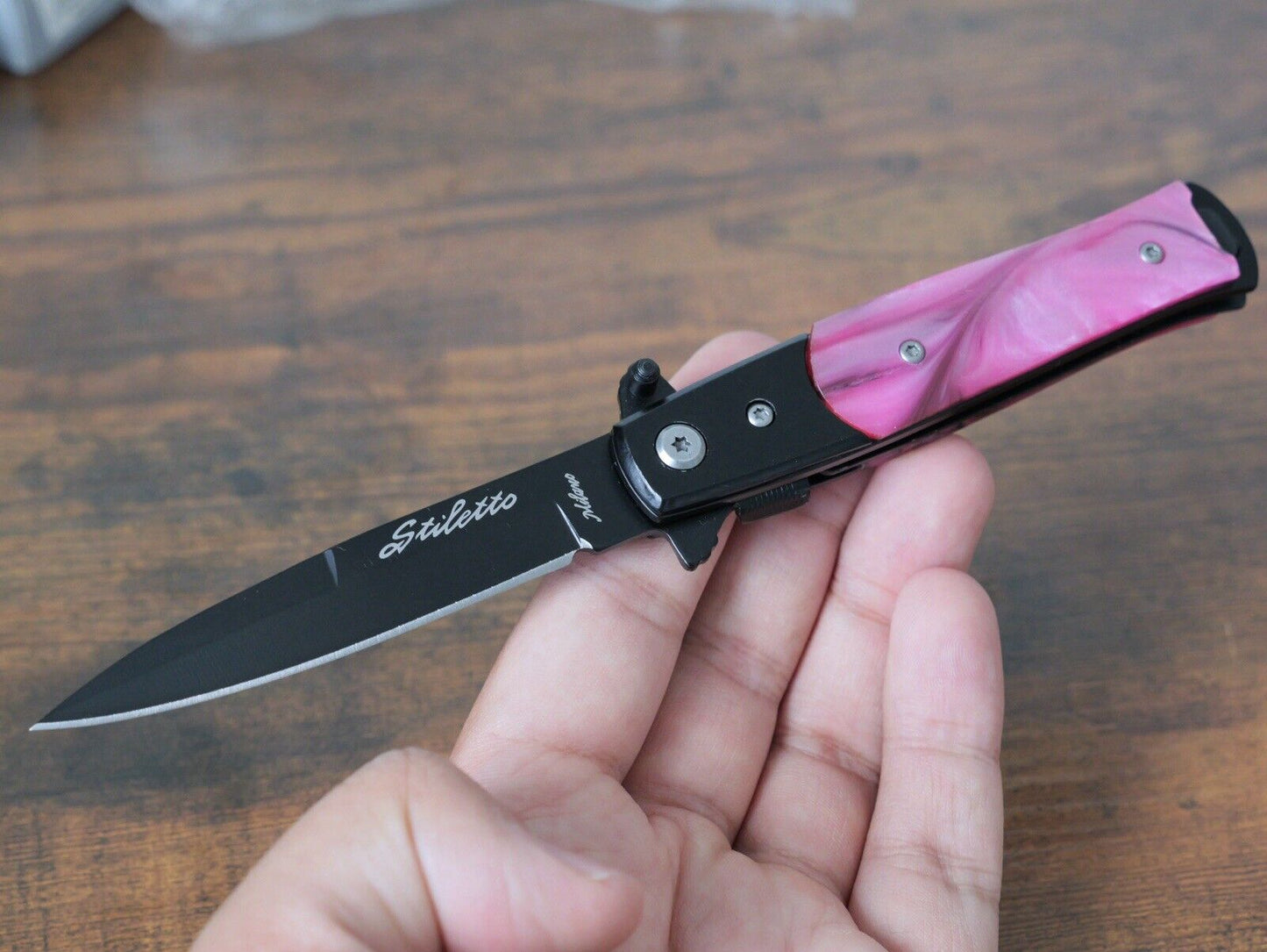 Vintage Italian Style Pocket Knife Small Black Pink Handle 4” Spear Point Clip