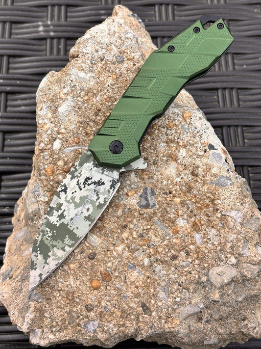 Digital Camo Pocket Knife Spring Assist Green Metal Handle Sharp Tac Force