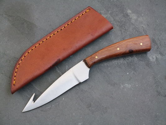 7.5” Fixed Blade Knife Wood Handle Full Tang Leather Sheath High Carbon Steel 