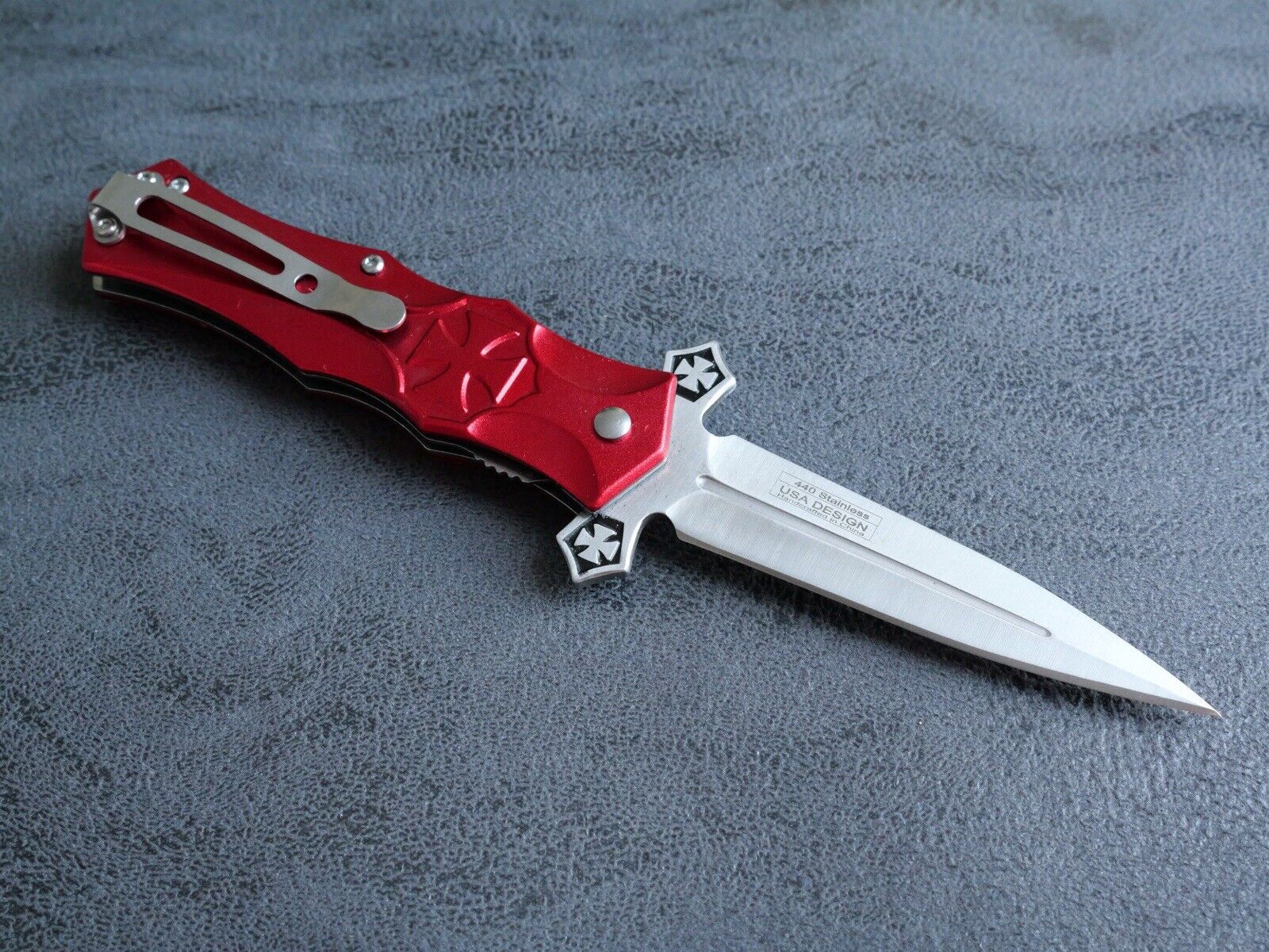 4.5” Cross Pocket Knife Red Full Size Spear Point Chrome Heart Sharp Assisted