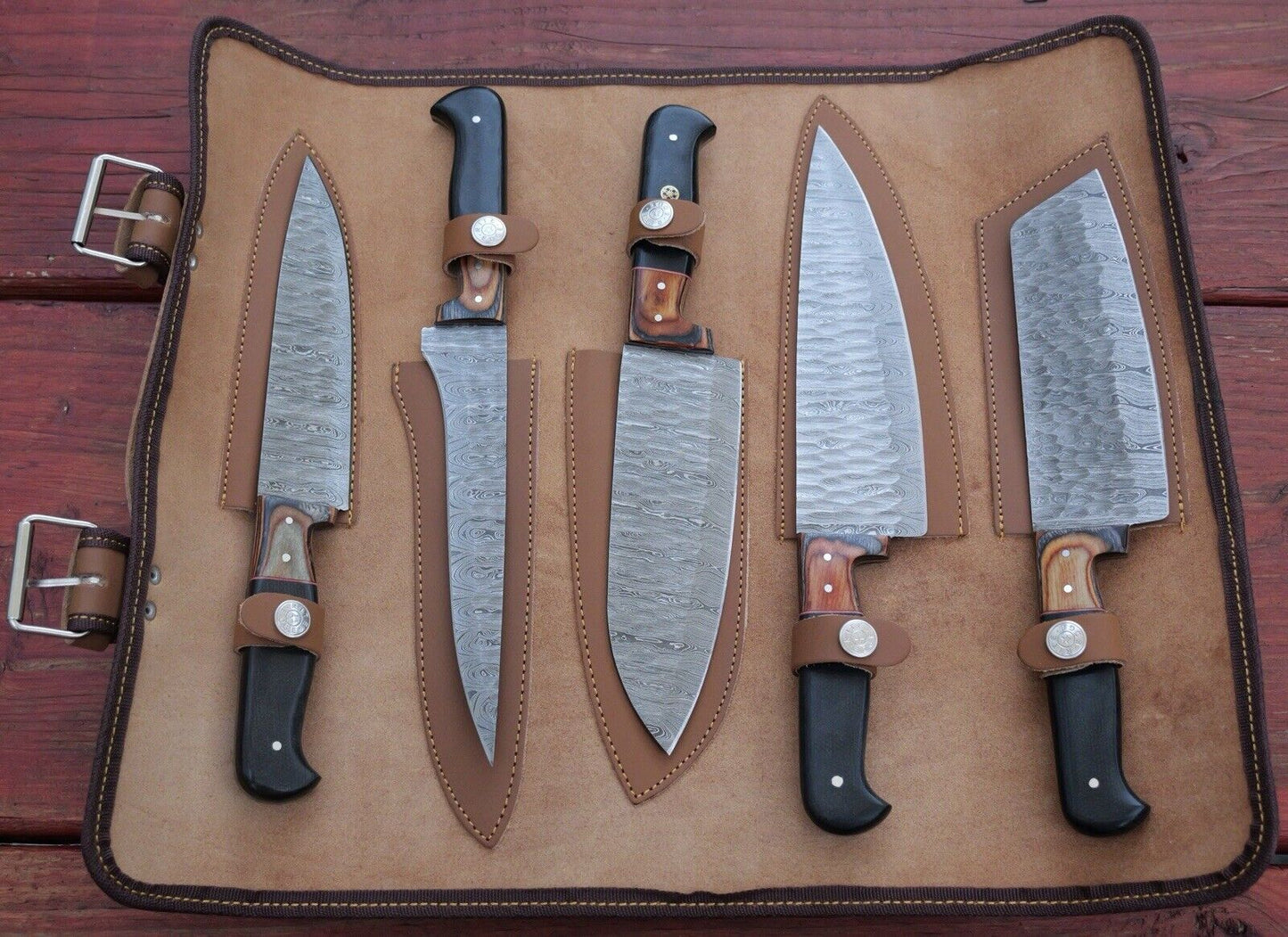 Chef Knife Roll Set Hammered Damascus Blade 12” 5pc Set Leather Sheath Cleaver