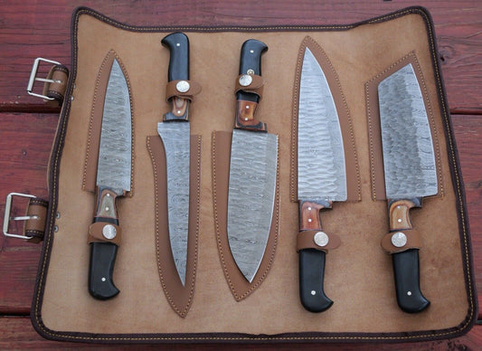 Chef Knife Roll Set Hammered Damascus Blade 12” 5pc Set Leather Sheath Cleaver