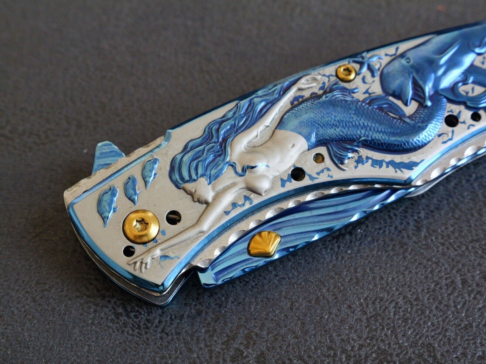 Mermaid Dolphin Seashell Pocket Knife Ocean Blue Gold Full Size All Metal Assist