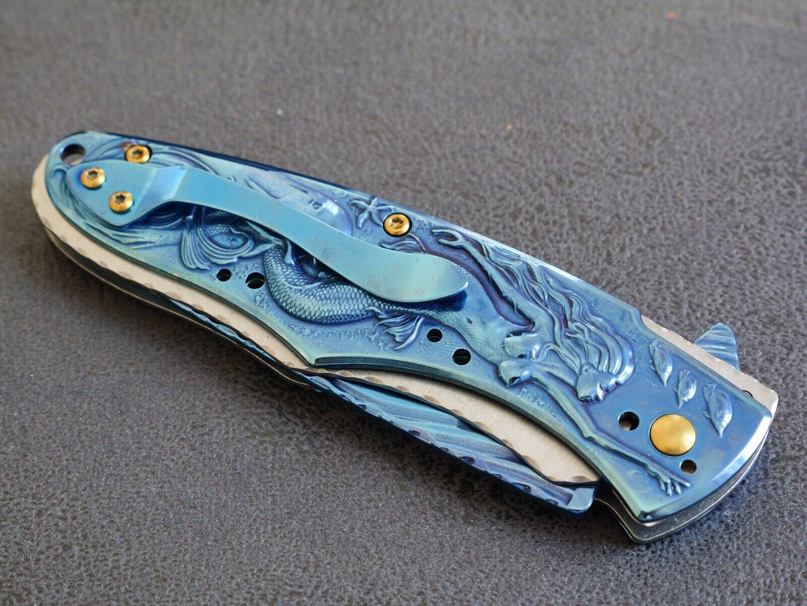 Mermaid Dolphin Seashell Pocket Knife Ocean Blue Gold Full Size All Metal Assist