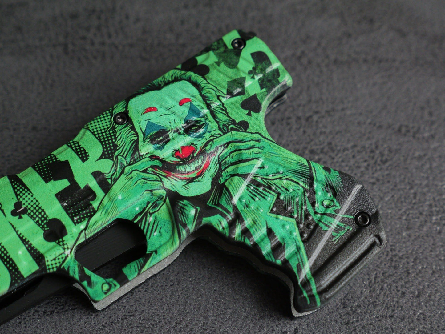 DARK KNIGHT ASSISTED Black Gun Pistol Joker WHY SO SERIOUS FOLDING Pocket KNIFE