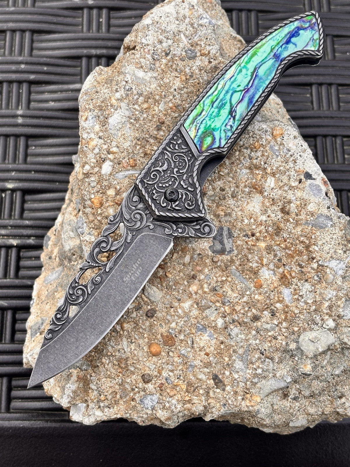 Spring Assist Pocket Knife Black Stonewashed Frame Lock Intricate Engraved Metal