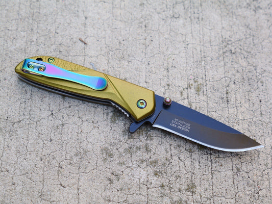 6” Aesthetic Spring Assist Pocket Knife Rainbow Clip Gold Scales Black 3” Blade