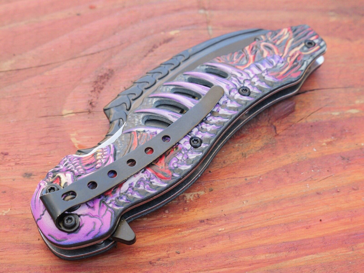 Skeleton Pocket Knife Spring Assisted Grim Reaper Design 8" Purple Folding Knife