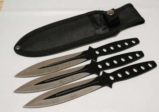 8” 3pc Throwing Knife Set Black Stealth Double Edge Spear Point Balanced Sharp