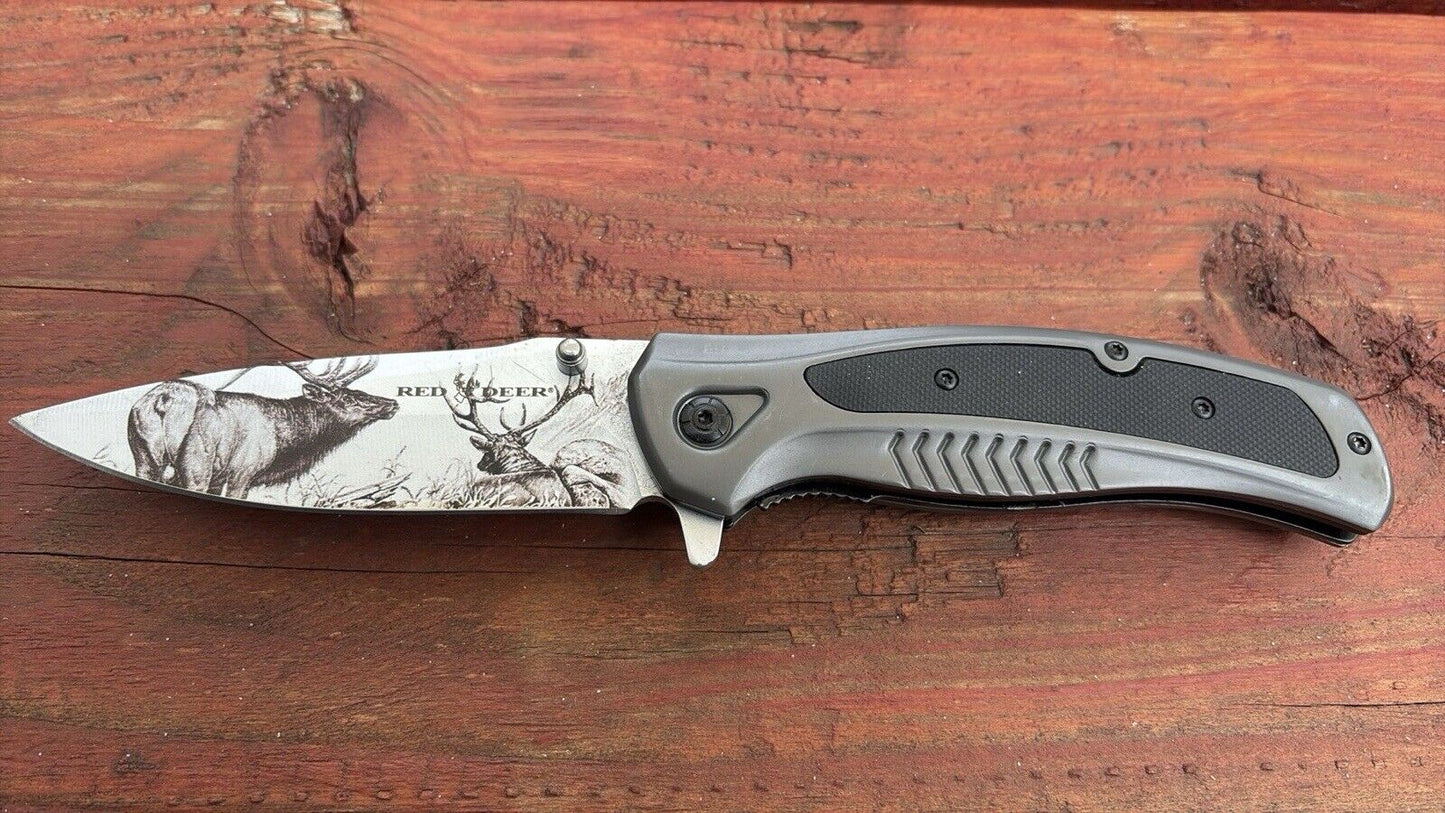 Deer Pocket Knife Full Size Spring Assist Metal Handle Etched Blade Modern New