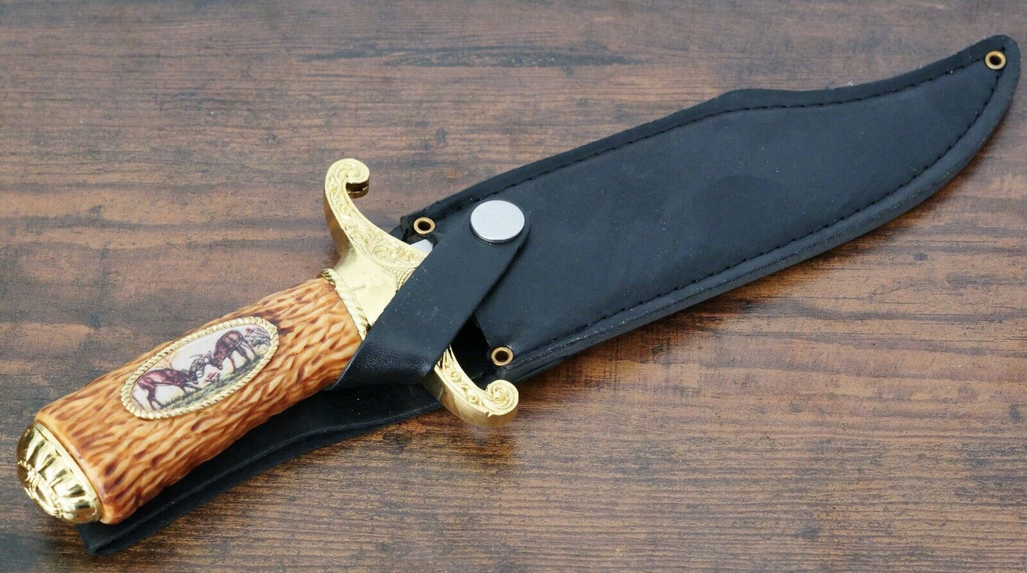 12” Deer Survival Knife American Buck Design Ornate Gold Laser Etch Blade Sheath