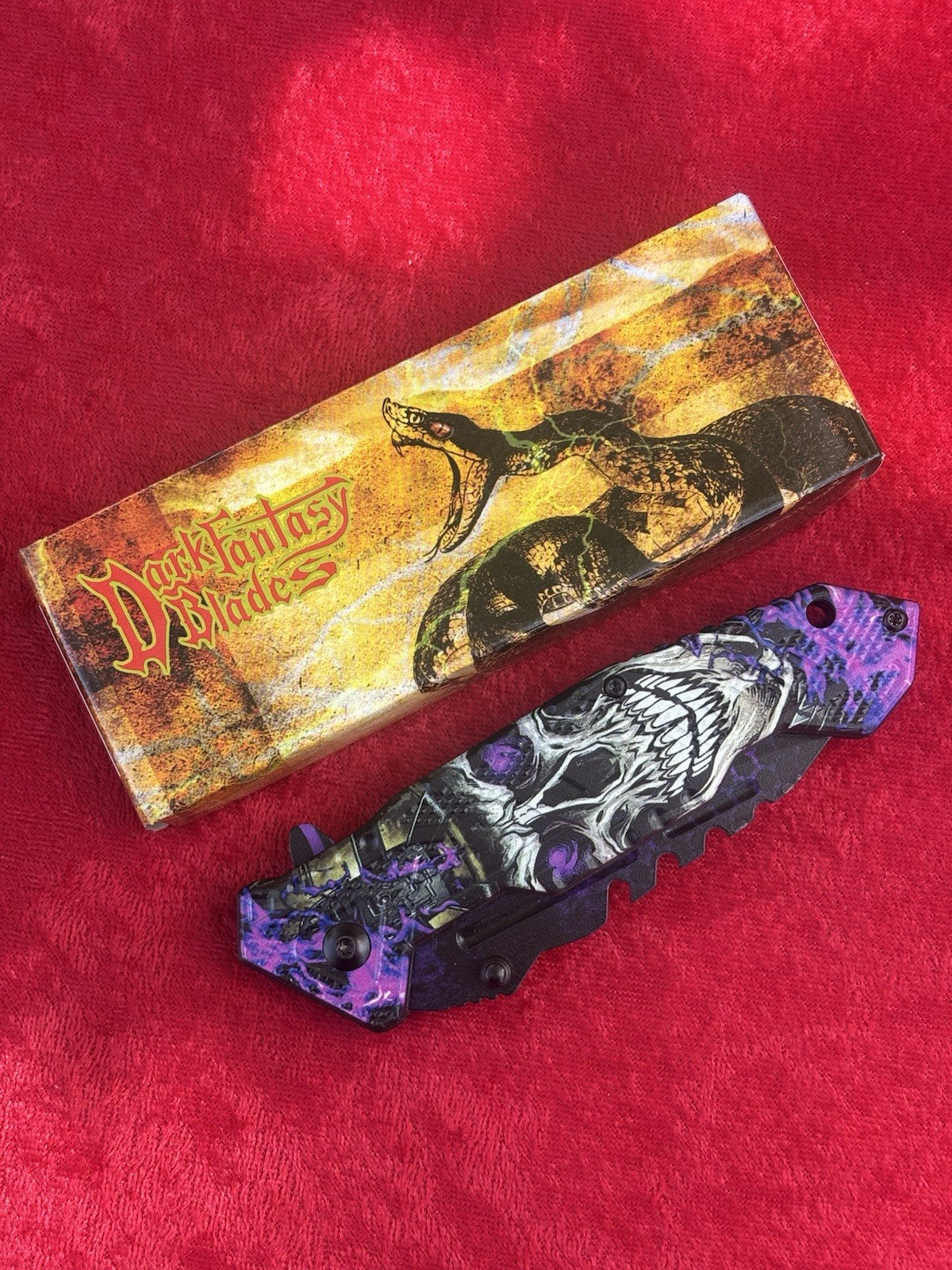 Purple Skull Pocket Knife Spring Assist Black Glowing Eyes Spooky Fantasy Knife