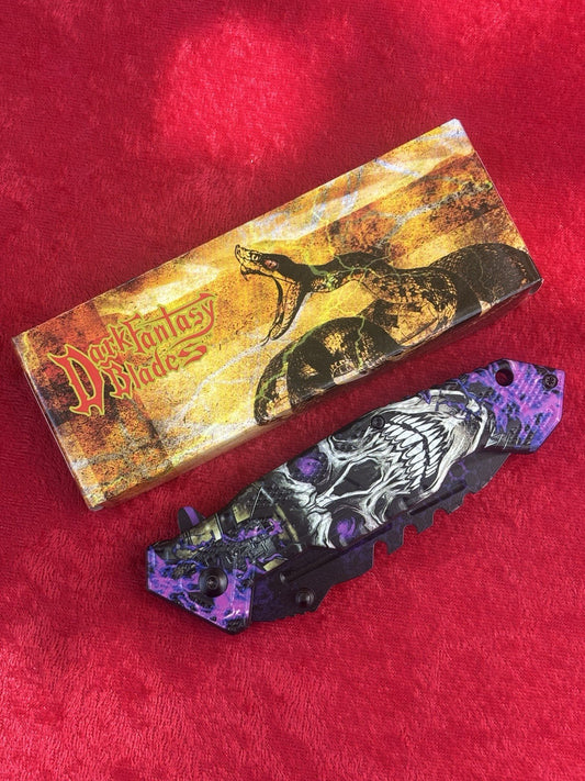 Purple Skull Pocket Knife Spring Assist Black Glowing Eyes Spooky Fantasy Knife