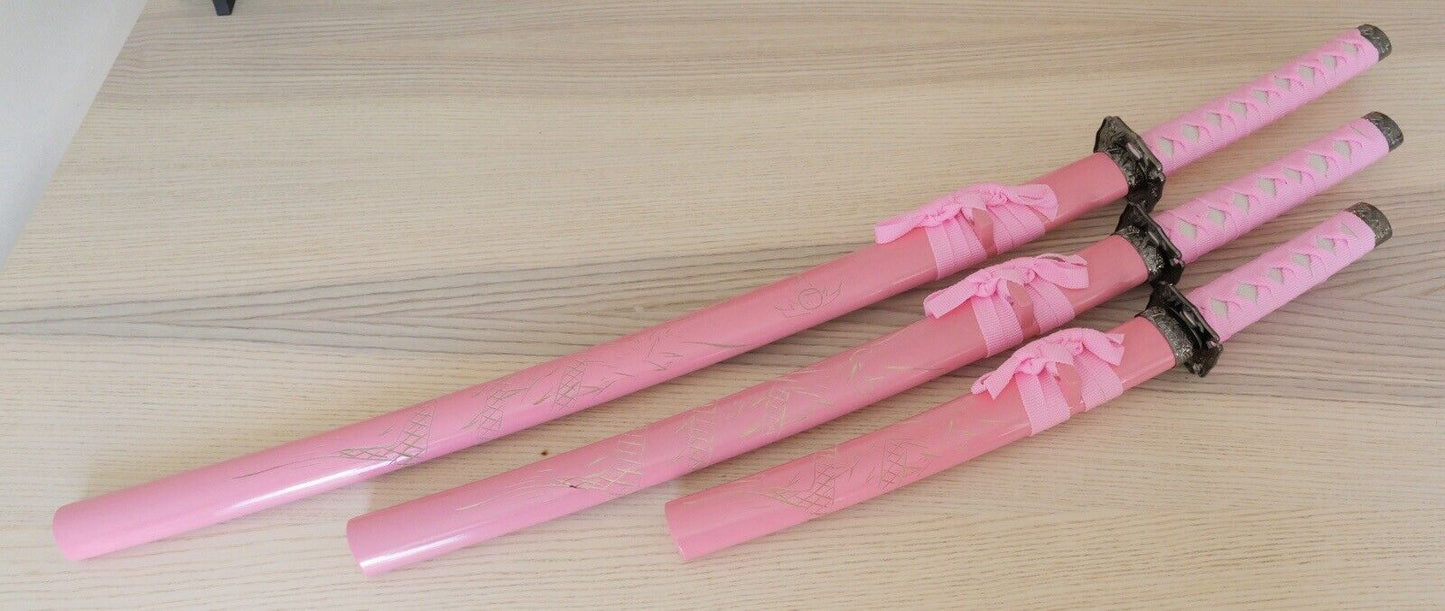 Samurai Sword Set PINK Dragon Display Stand Wood Scabbard Katana 3 Piece Set