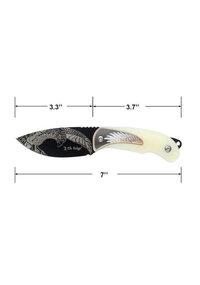 7” Fixed Blade Knife Elk Ridge Full Tang Eagle Laser Engraved Leather Sheath