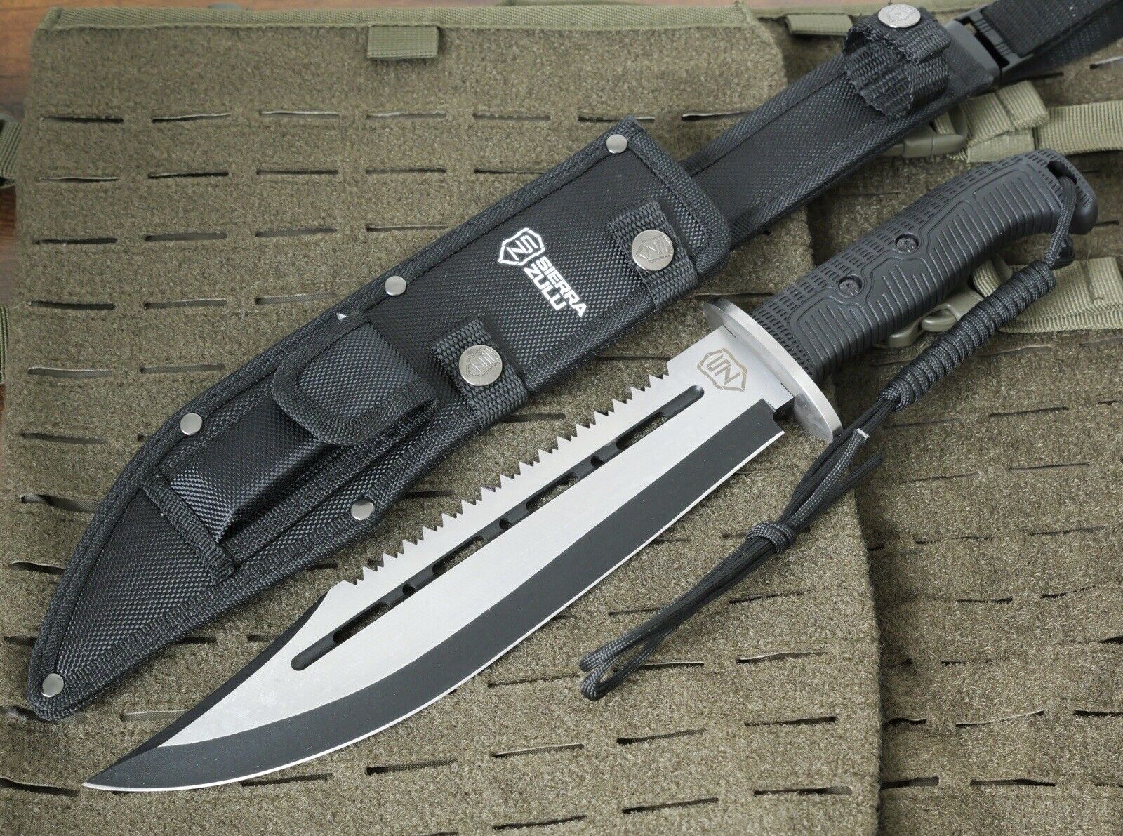 16” Fixed Blade Survival Knife Durable Rugged Tactical Black Sawback Sheath