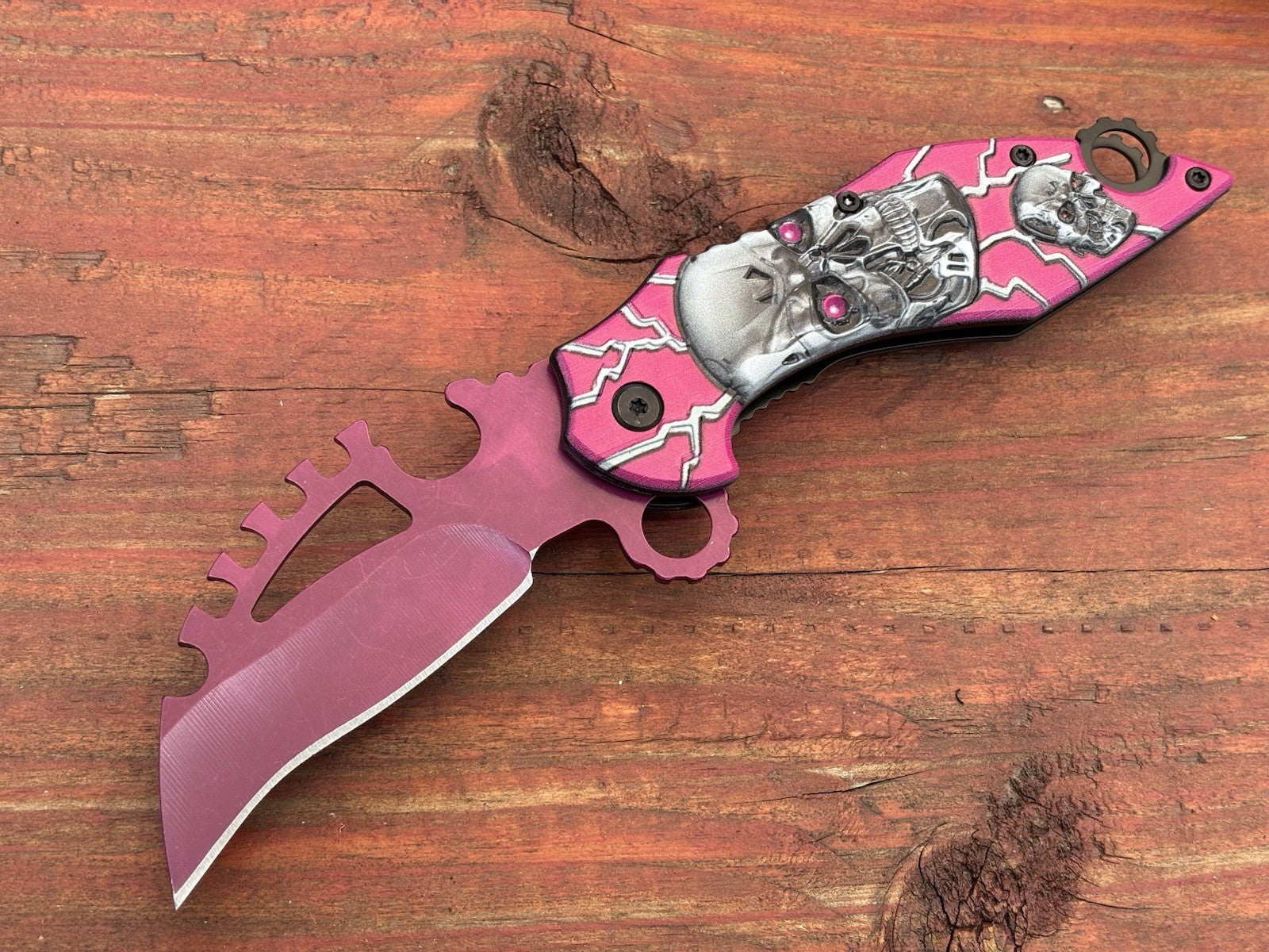 Skull Pocket Knife Pink Spring Assist Full Size Unique Design Fantasy belt clip