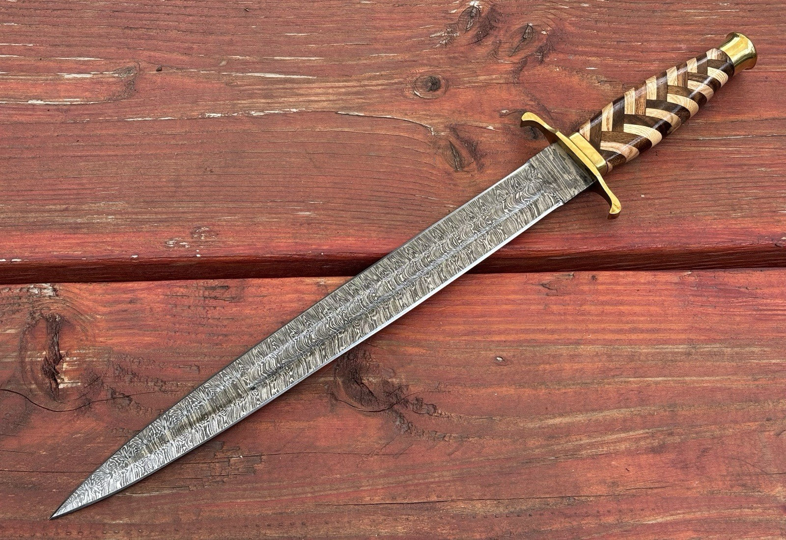 21” Double Edge Short Sword Carbon Steel Brass Hilt Pommel Braided Wood Handle
