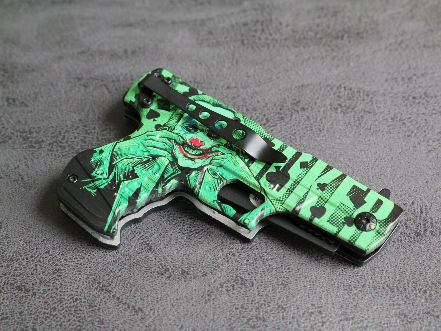 DARK KNIGHT ASSISTED Black Gun Pistol Joker WHY SO SERIOUS FOLDING Pocket KNIFE