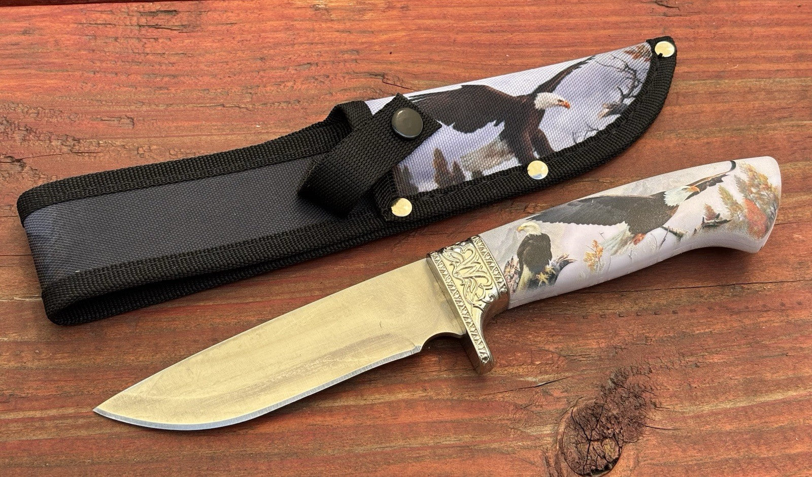 10” Eagle Print Fixed Blade Knife USA Nylon Sheath Belt Loop