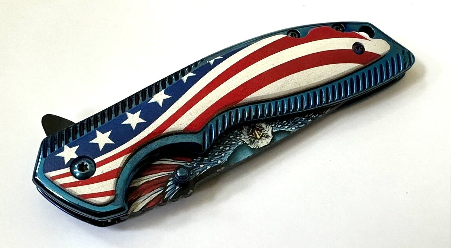 American Eagle Flag Pocket Knife Blue Metal Freedom Full Size 4.5” Sharp Edc