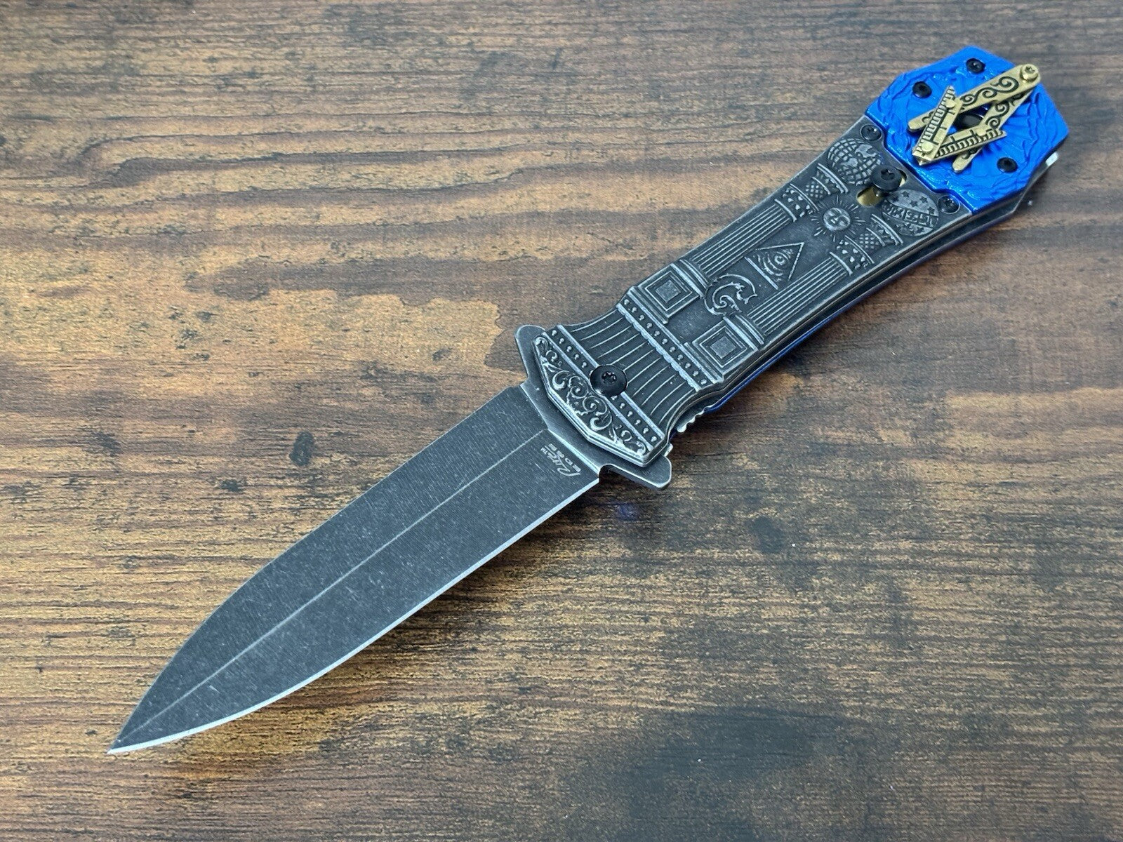 Mason Knife Spring Assist Pocket Knife Blue Gray Belt Clip Spear Point G Masonic