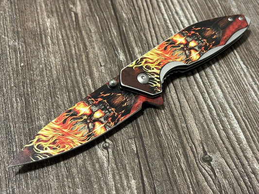 Skull Pocket Knife Flame Belt Clip Spring Assisted Sharp 4.5” EDC Ghost Rider