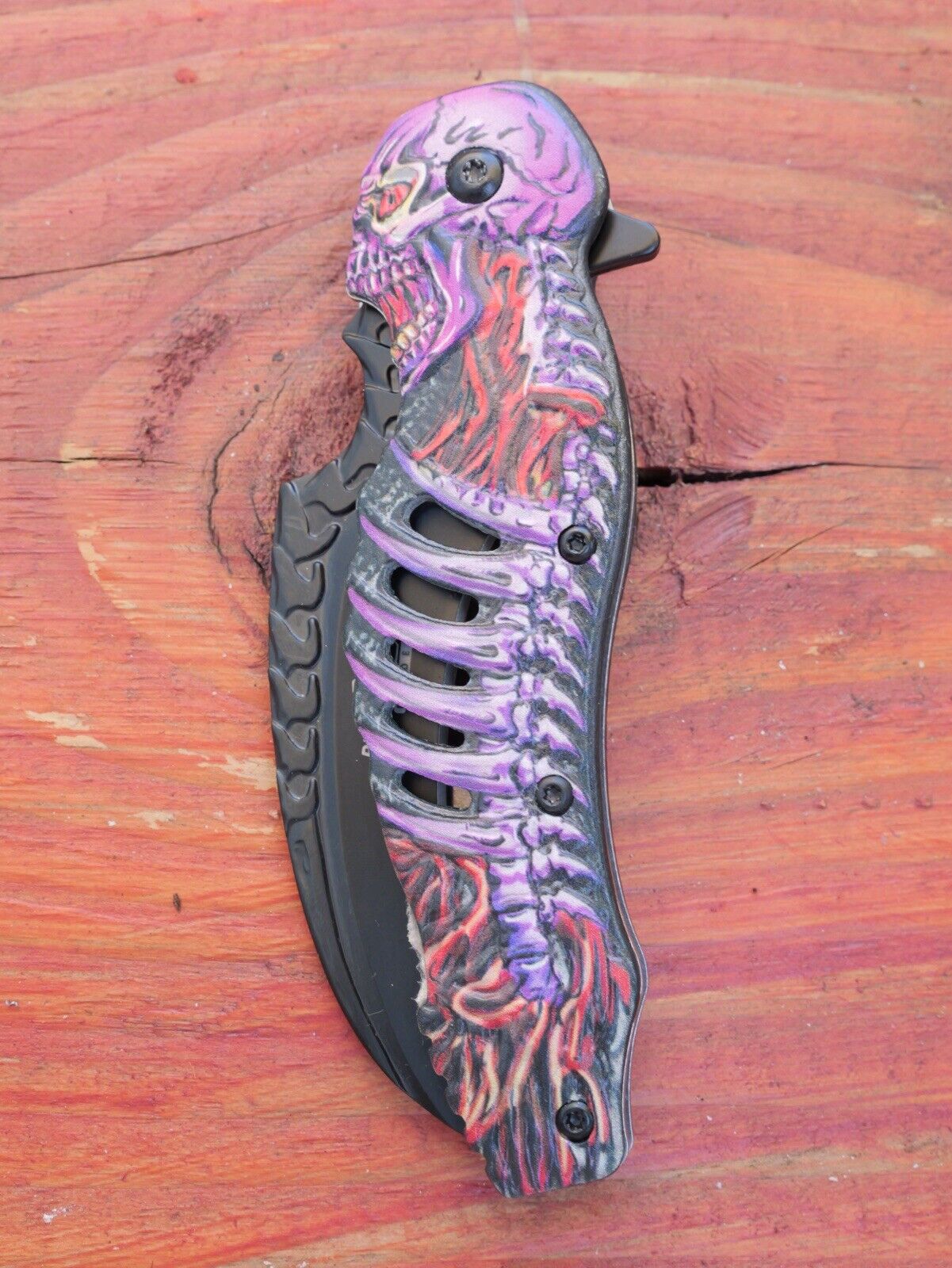 Skeleton Pocket Knife Spring Assisted Grim Reaper Design 8" Purple Folding Knife