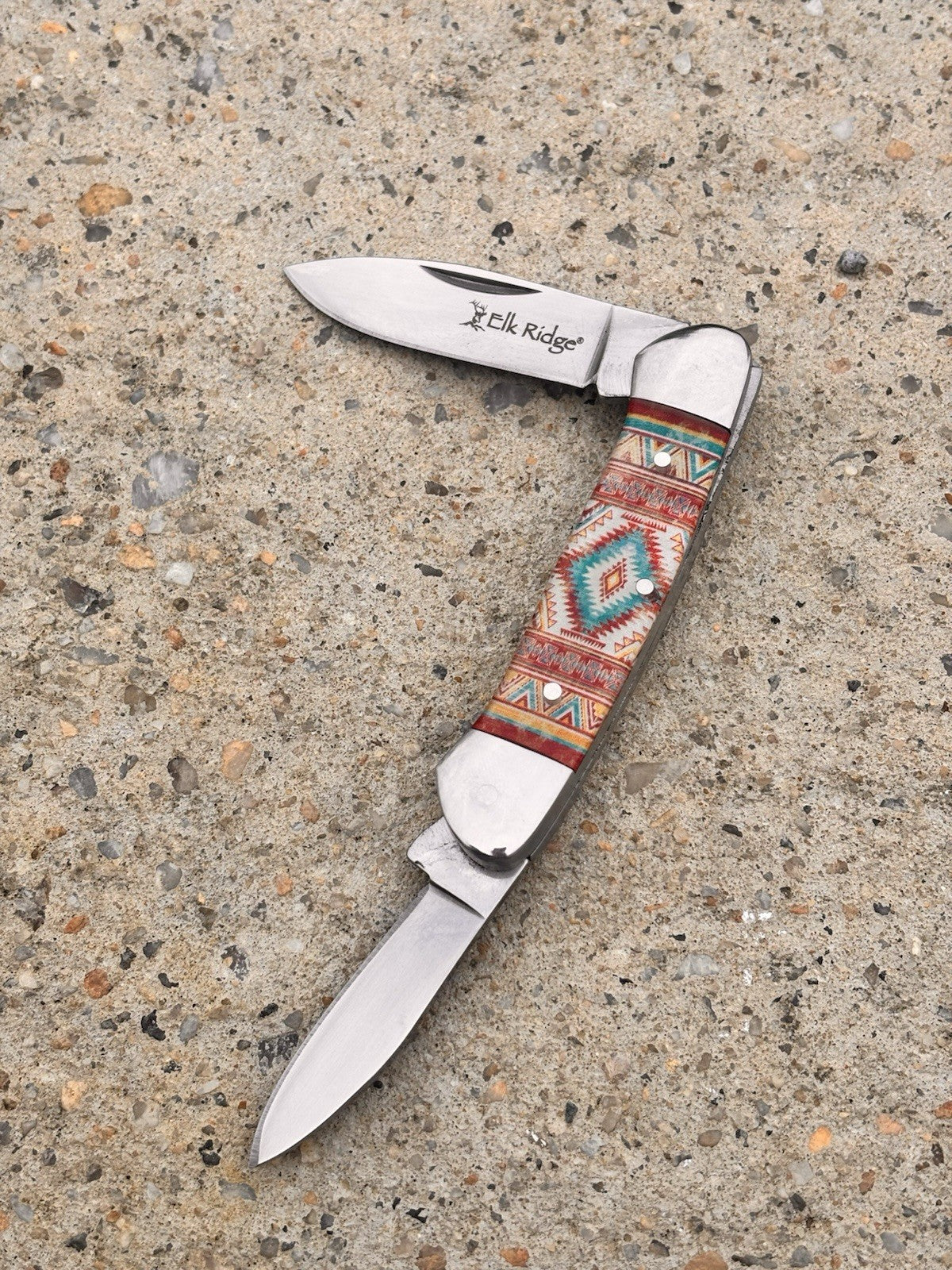Elk Ridge 2 Blade Retro Pocket Knife Navajo Style Vintage Butterbean 3.5”