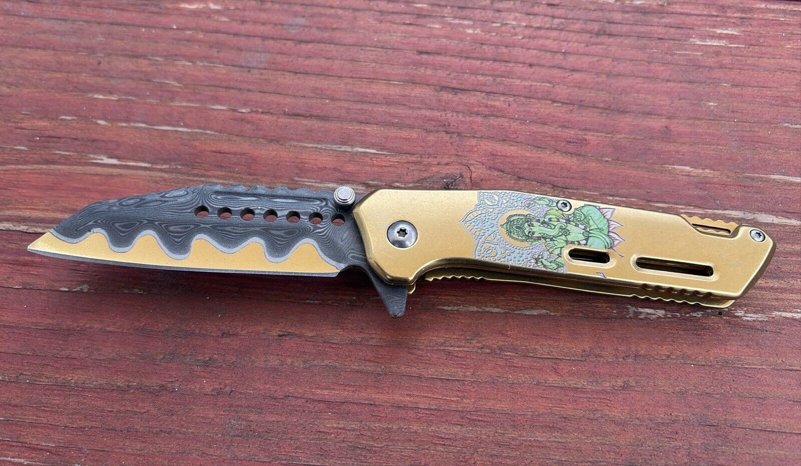Gold Ganesh Pocket Knife Wild Design All Metal Sharp Wharncliffe Blade Damascus 