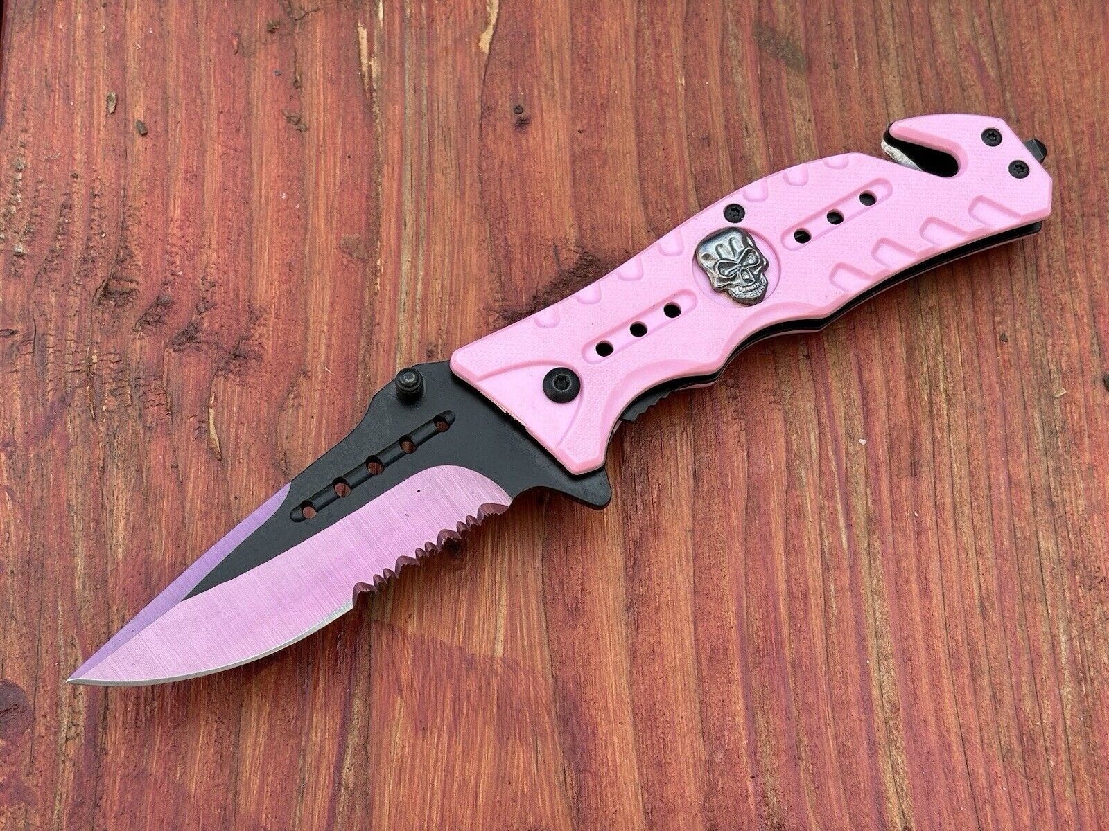 Pink Pocket Knife Skull Pretty Window Punch Seat Belt Cutter Assisted Sharp