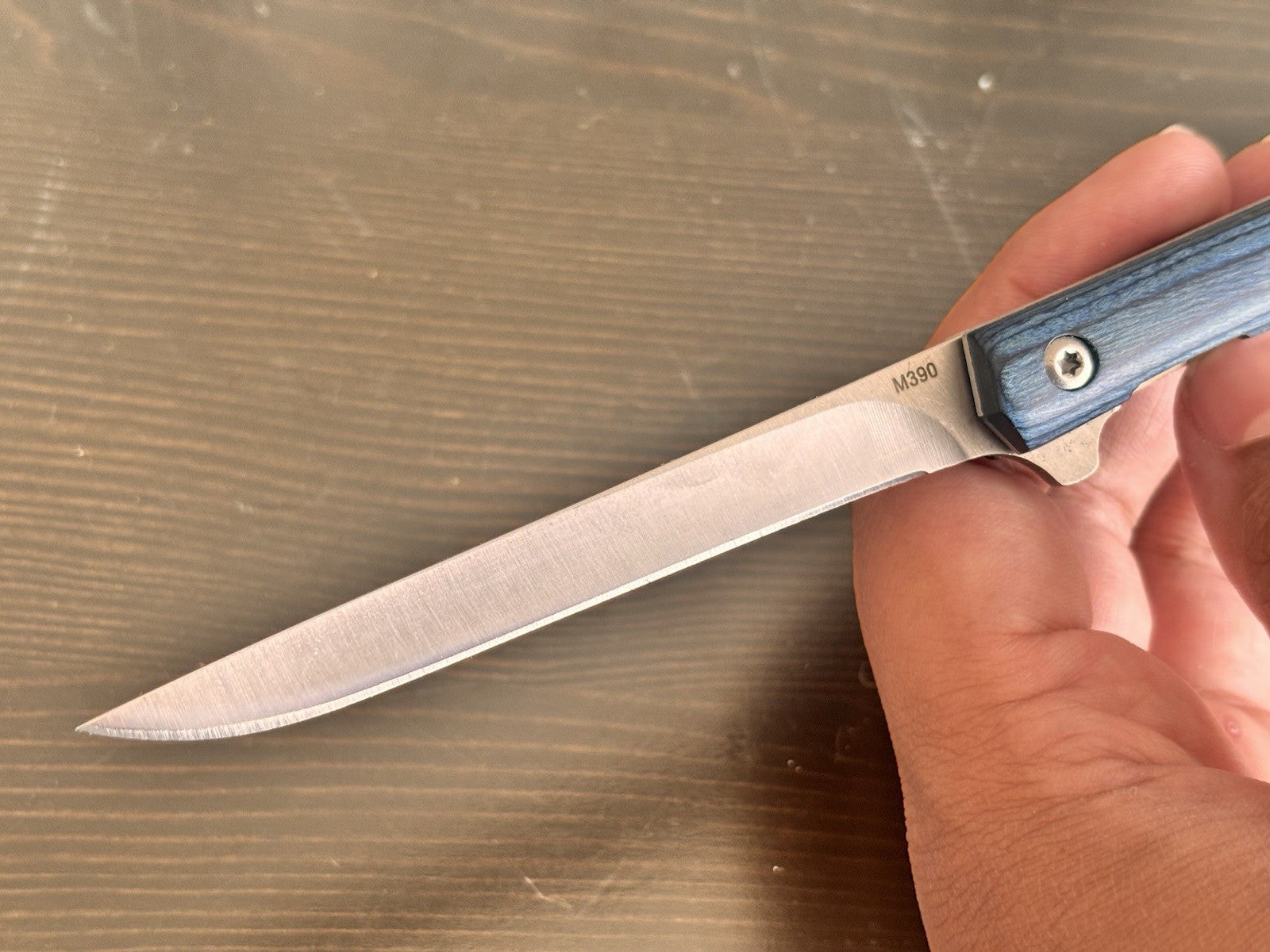Slim Pocket Knife Blue Wood Handle Razor Sharp M390 Steel CEO Leather Sheath